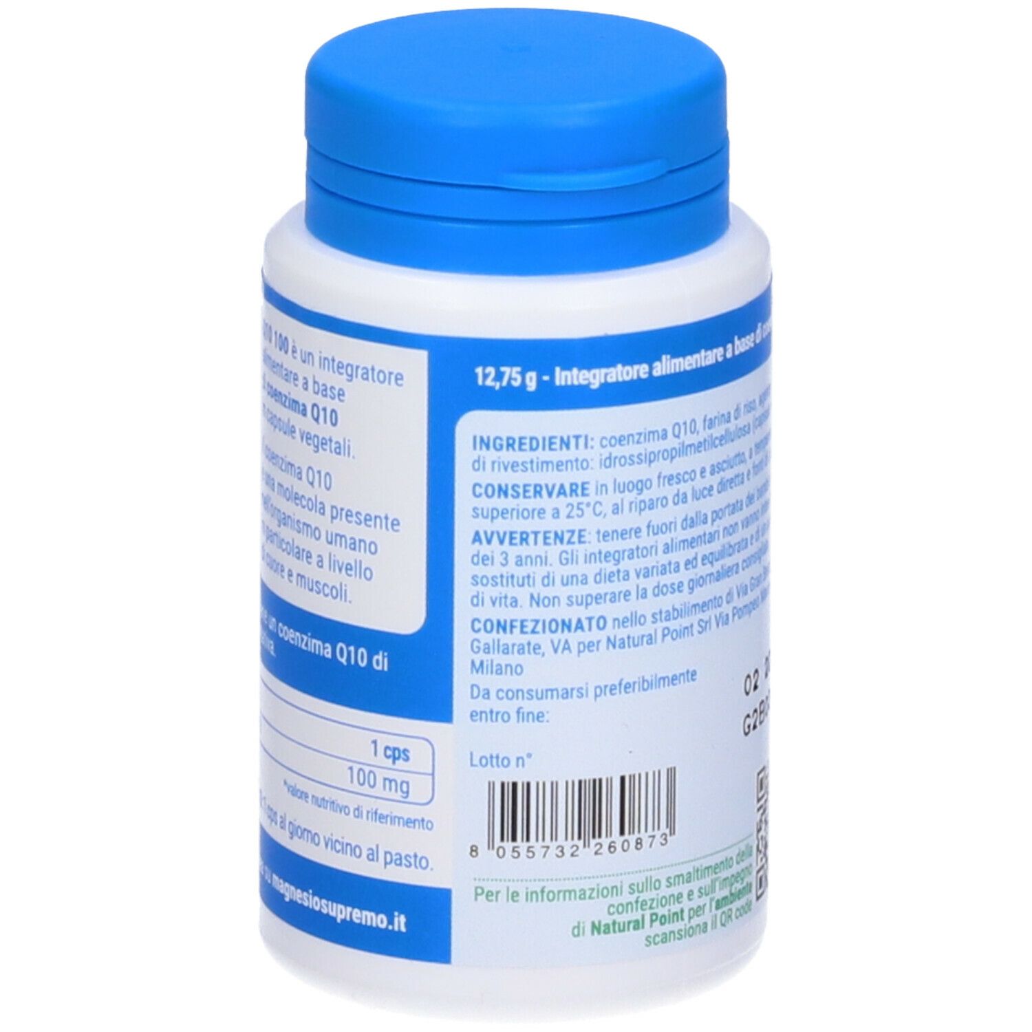 Rückseite der Flasche. Text über Inhaltsstoffe und Anwendung. Inhaltsstoffe: Coenzima Q10. 12,75 g.