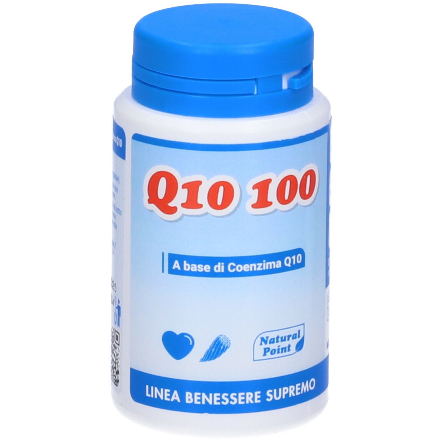 Weiße Flasche mit blauem Deckel. Aufschrift Q10 100. Zusatz: A base di Coenzima Q10. Natural Point Logo.