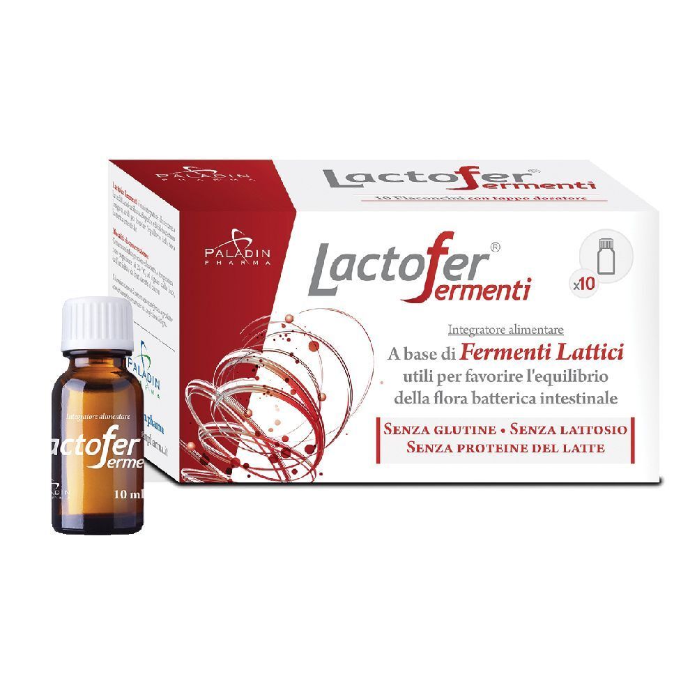 Flacon brun et emballage Lactofer Fermenti. Inscription : 10 ml. Contient Fermenti Lattici.