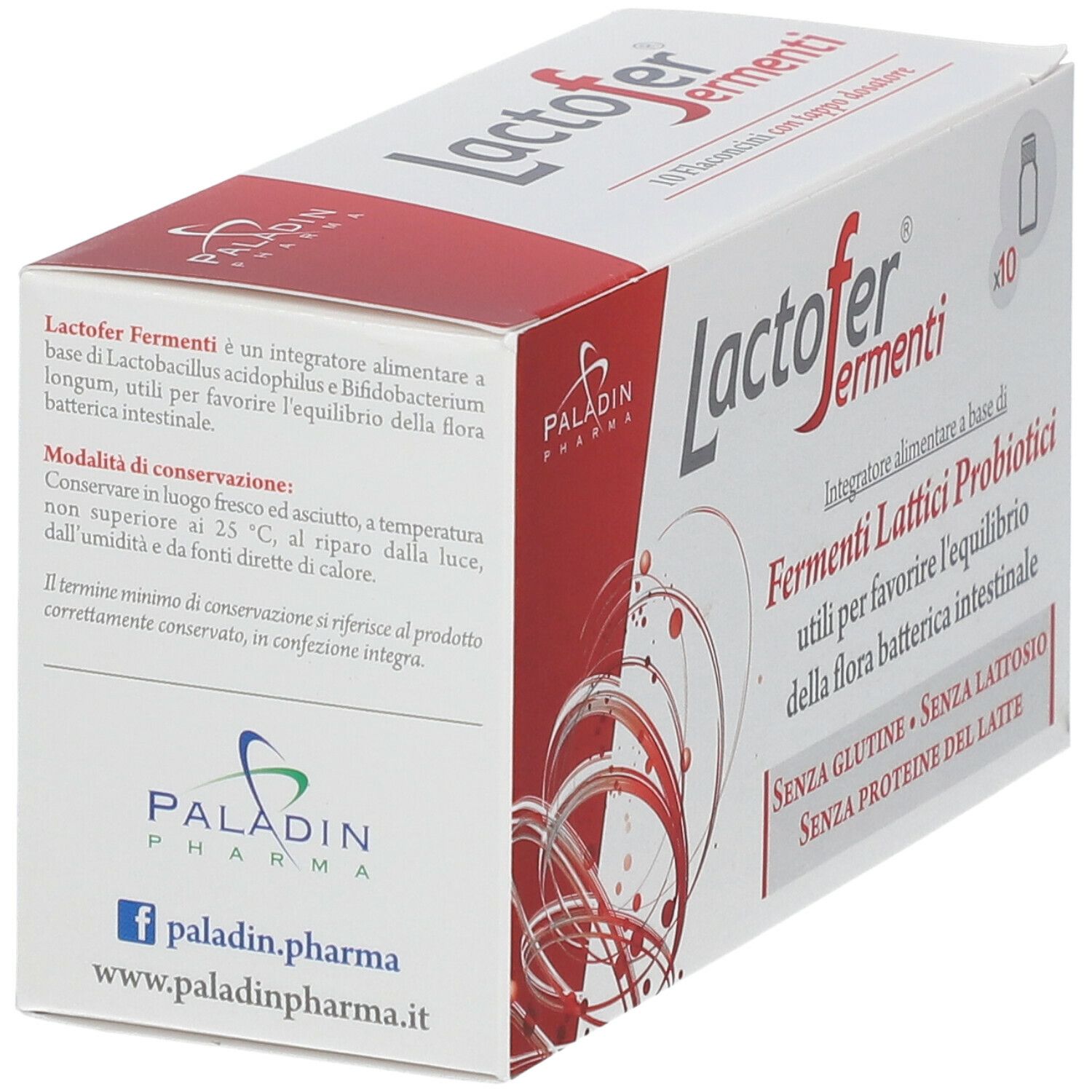 Emballage Lactofer Fermenti. Inscription : Fermenti Lattici Probiotici. Contient 10 flacons.