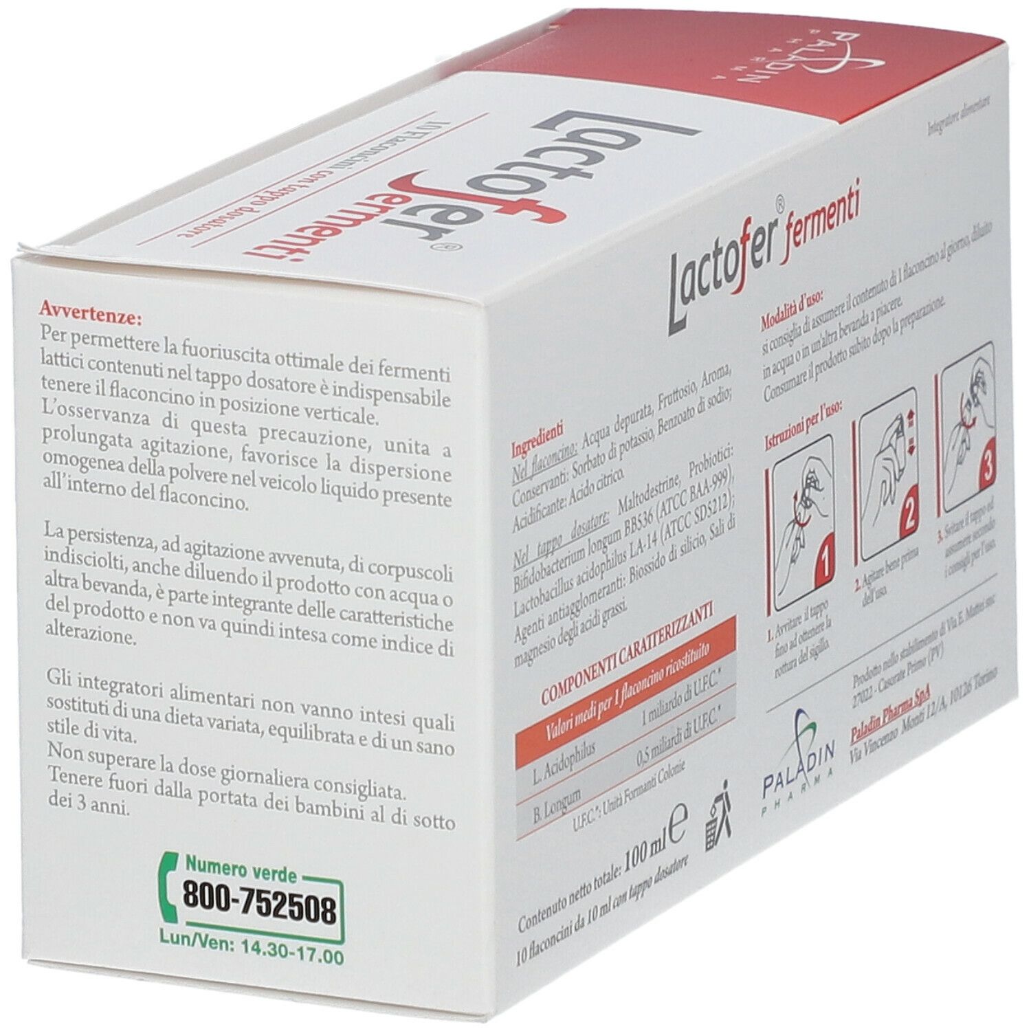 Dos de l'emballage Lactofer Fermenti. Contient des informations sur les ingrédients et l'utilisation.