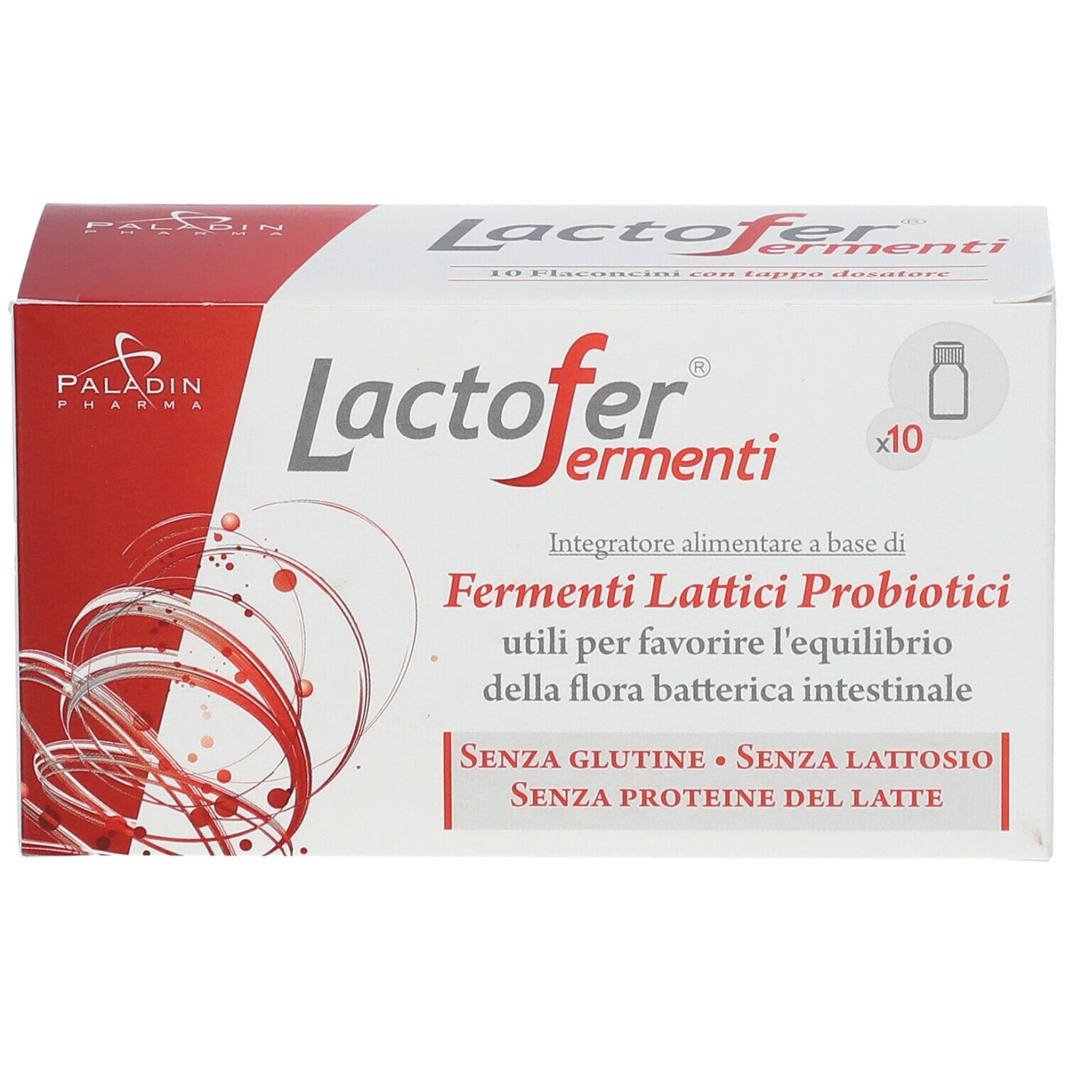 Emballage Lactofer Fermenti. Inscription : Fermenti Lattici Probiotici. Contient 10 flacons.