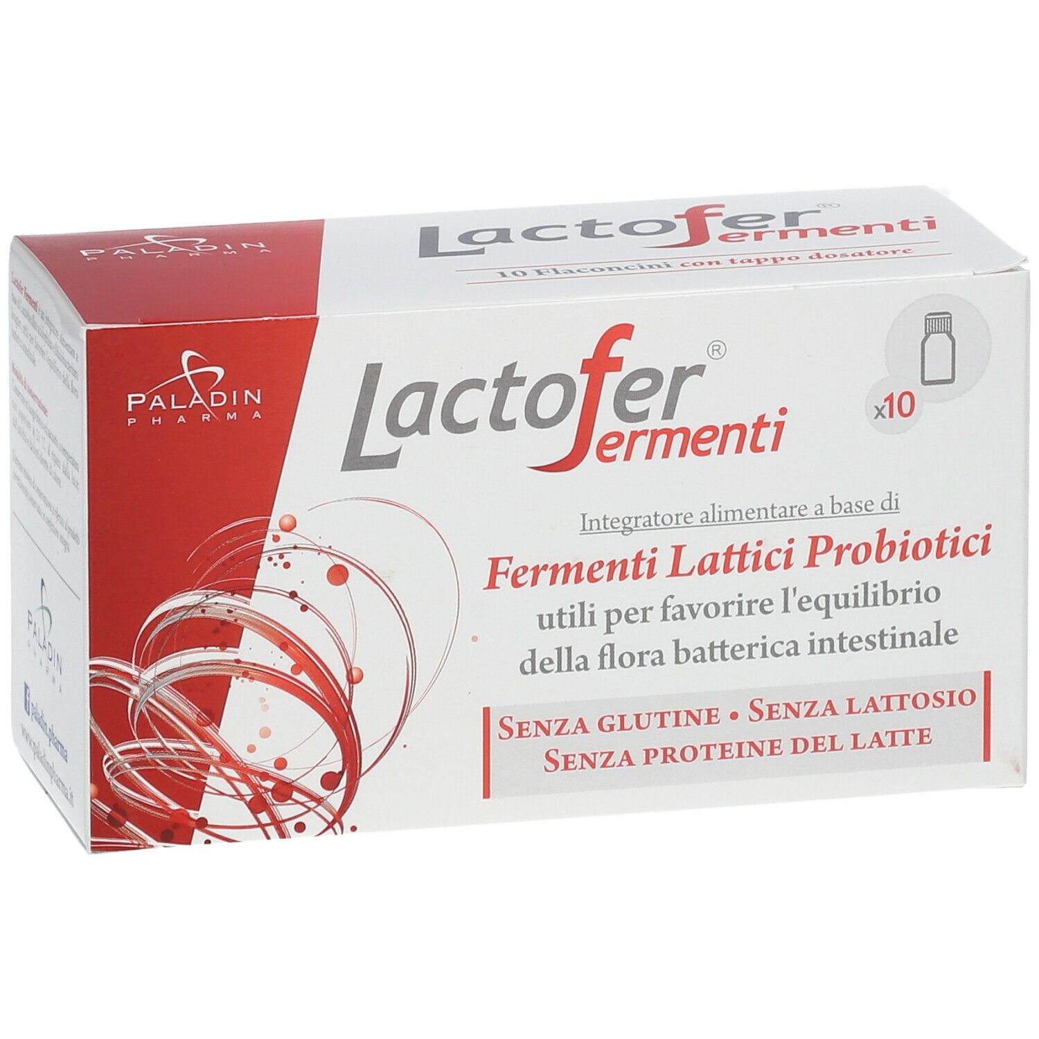Emballage Lactofer Fermenti. Inscription : Fermenti Lattici Probiotici. Contient 10 flacons.