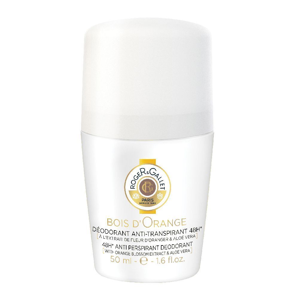 Déodorant roll-on blanc avec bouchon. Inscription: Bois d'Orange, Anti-transpirant 48H. Logo Roger & Gallet.