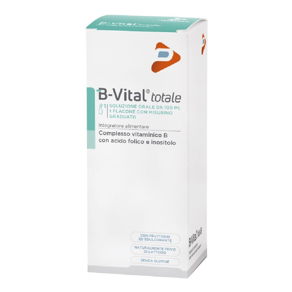 Boîte blanche et verte. Inscription : B-Vital totale. Contient de la vitamine B, de l'acide folique et de l'inositol. Avec gobelet doseur.