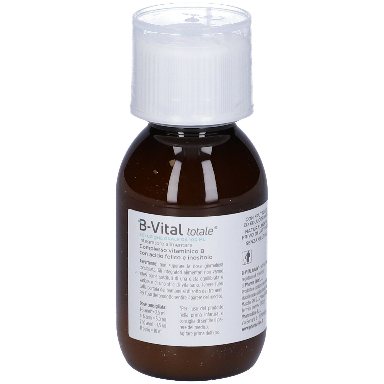 Flacon brun avec bouchon blanc. Inscription : B-Vital totale. Contient de la vitamine B, de l'acide folique et de l'inositol. Étiquette avec ingrédients.
