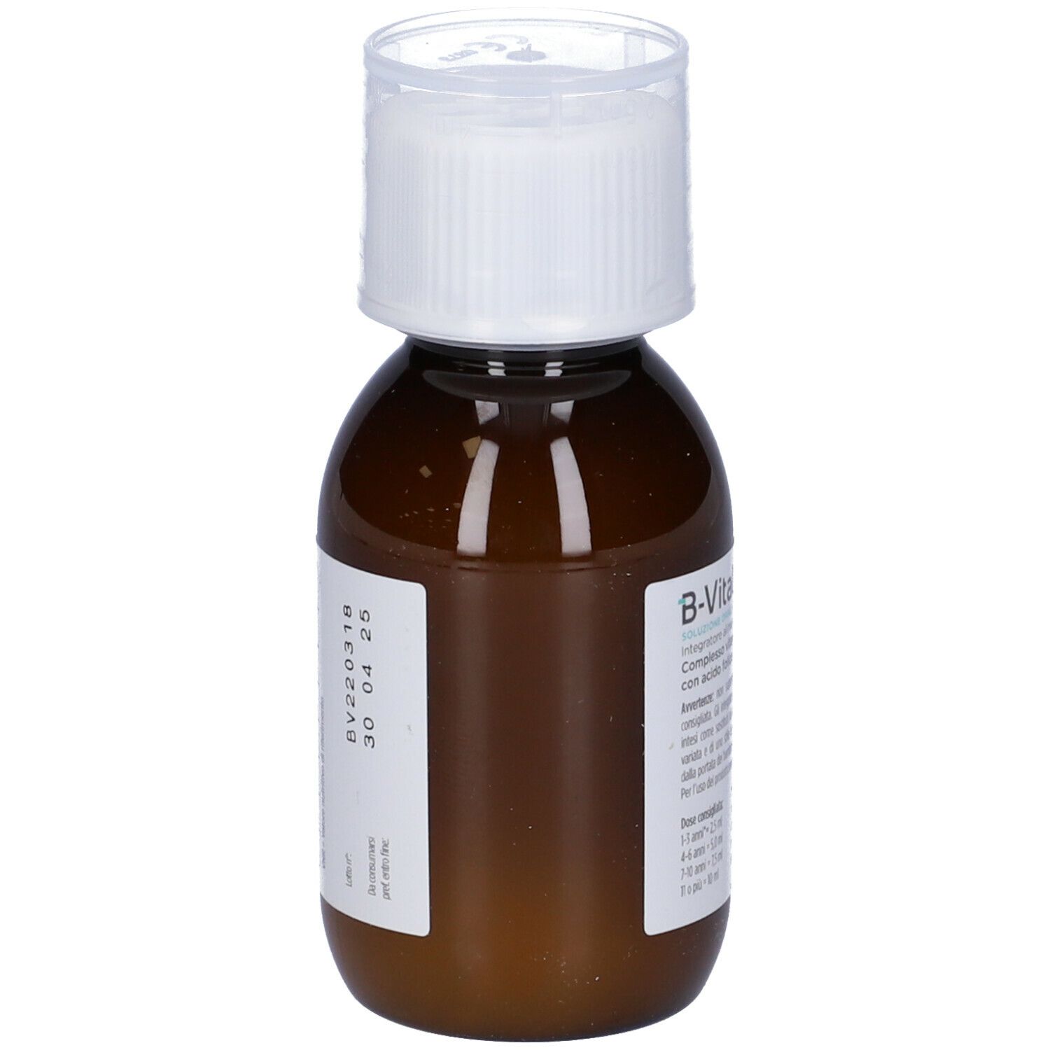 Flacon brun avec bouchon blanc. Étiquette avec informations et date de péremption. Nom du produit non visible.