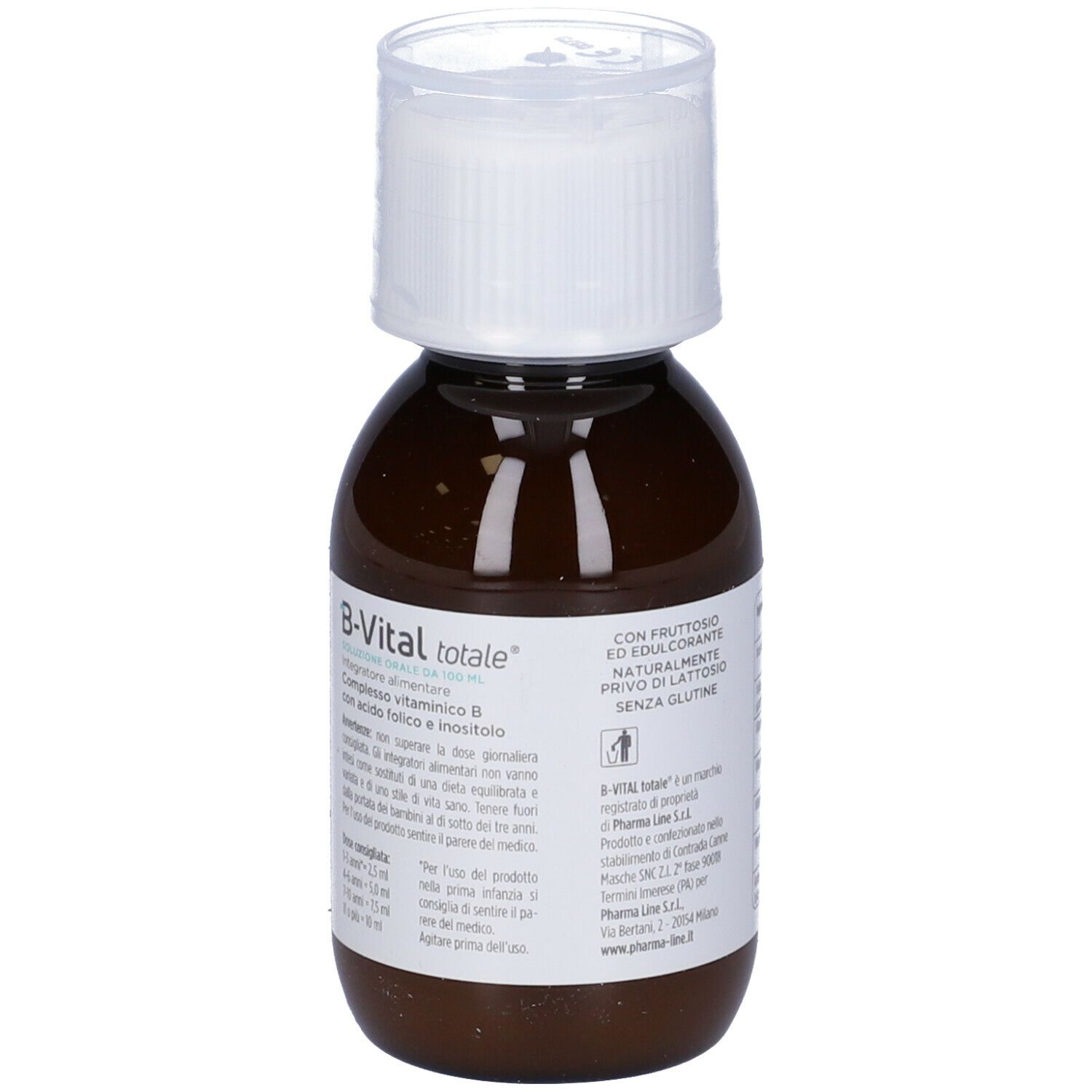 Flacon brun avec bouchon blanc. Inscription : B-Vital totale. Étiquette avec ingrédients et avertissements.