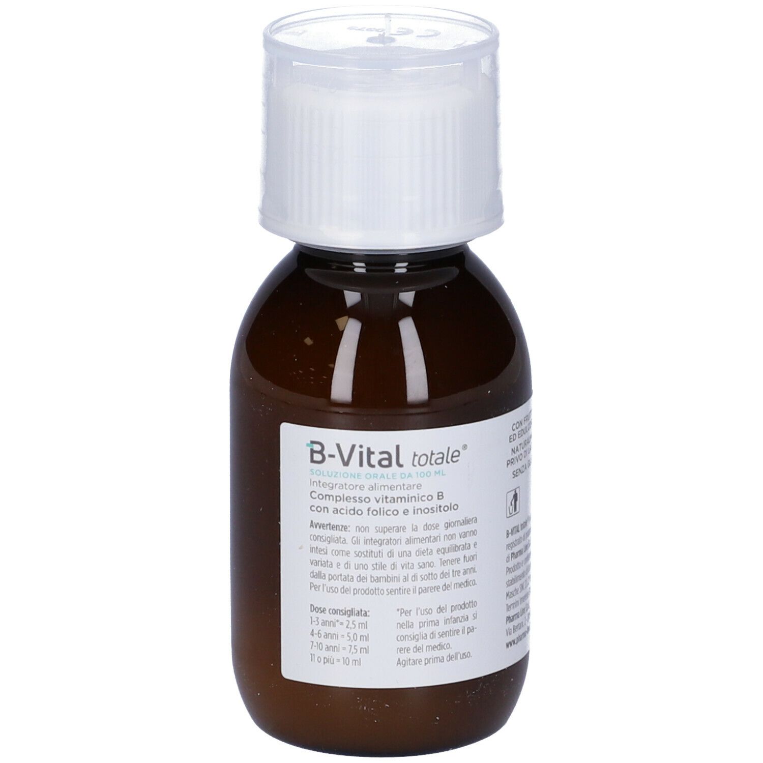 Flacon brun avec bouchon blanc. Inscription : B-Vital totale. Étiquette avec ingrédients et avertissements.
