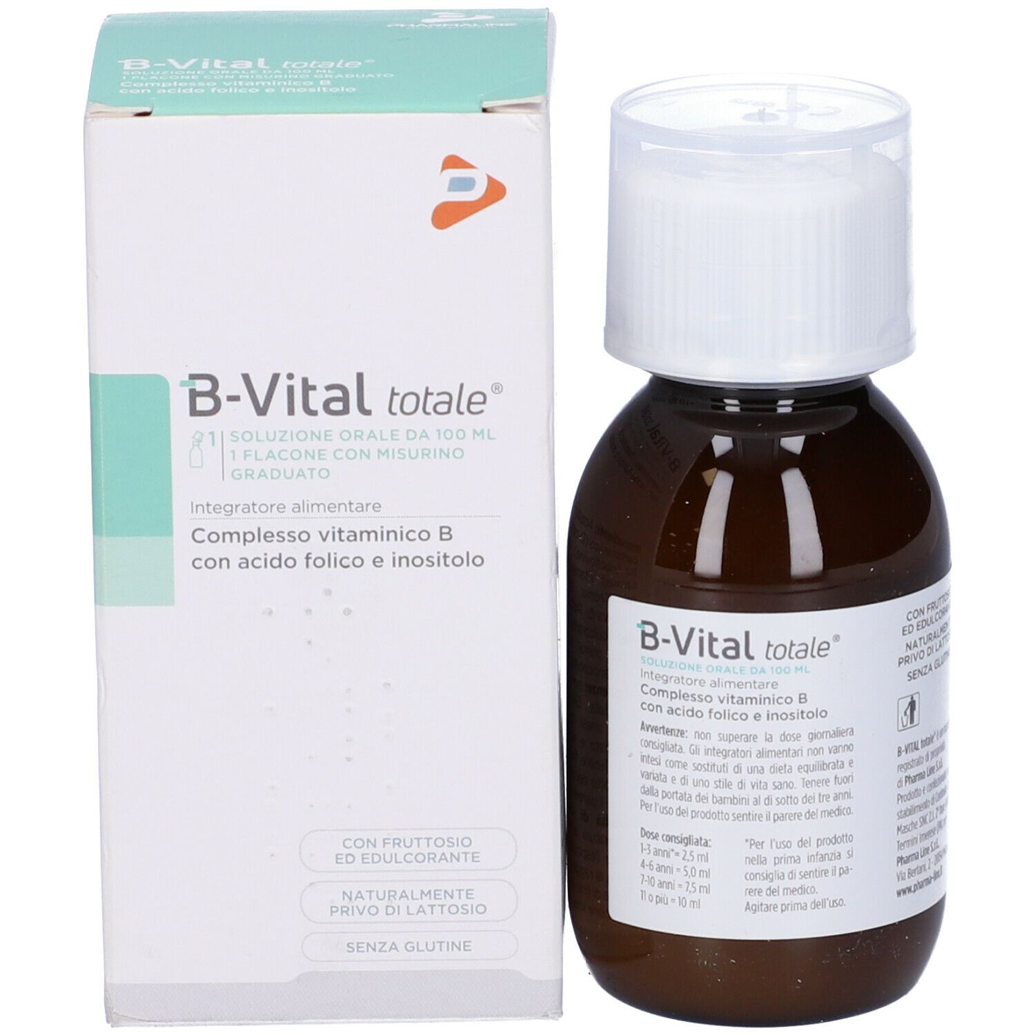Flacon brun avec bouchon blanc et emballage. Inscription : B-Vital totale. Contient de la vitamine B, de l'acide folique et de l'inositol.