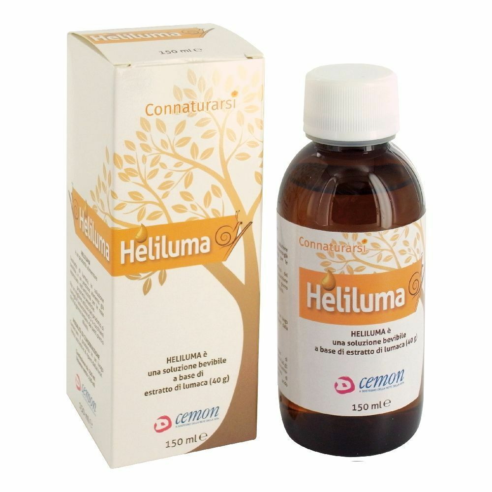 Heliluma Trinklösung 150 ml Flasche und Verpackung. Weiß-braune Verpackung mit Produktnamen und Logo.