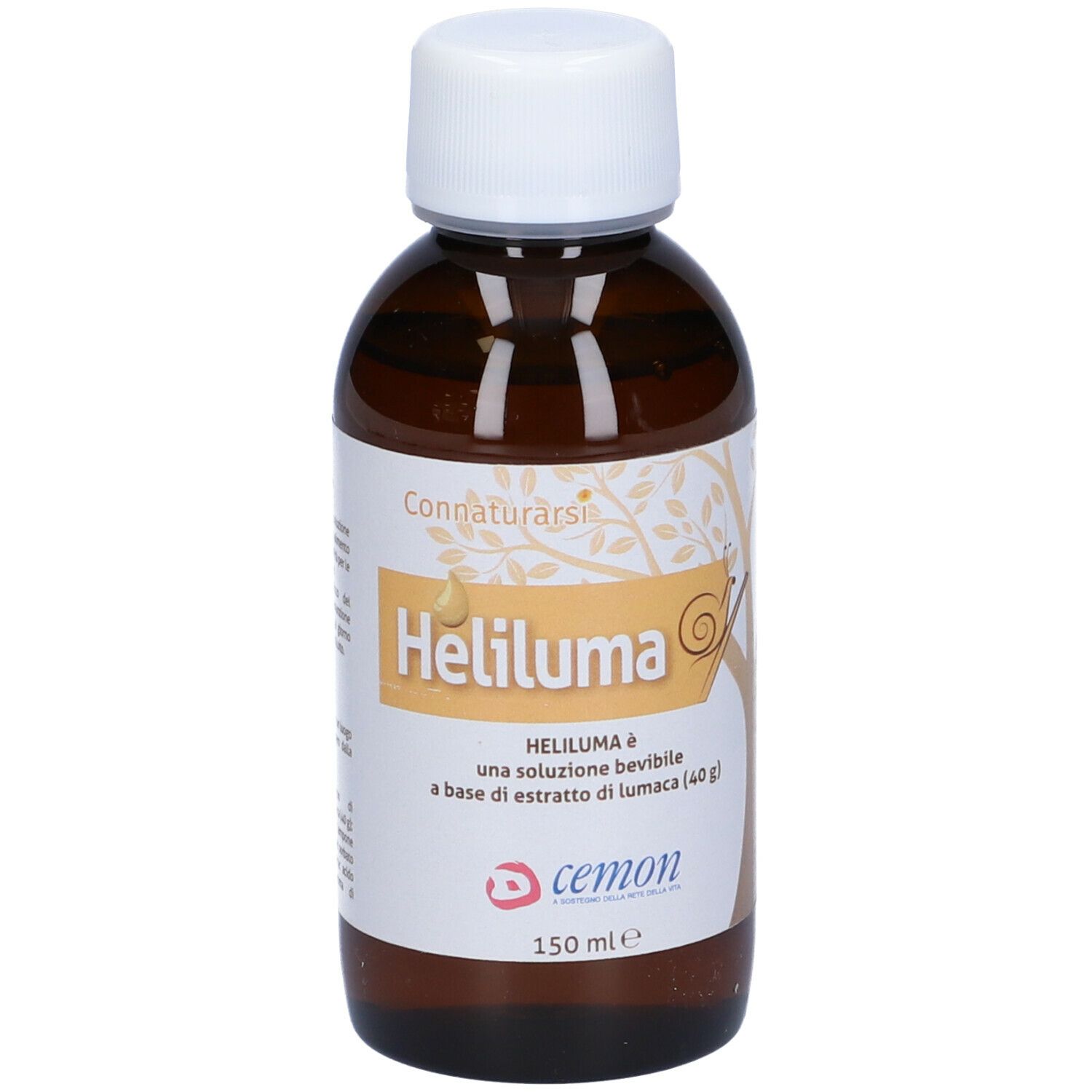 Heliluma Trinklösung in brauner Glasflasche mit weißem Deckel. Produktname und Logo auf dem Etikett.