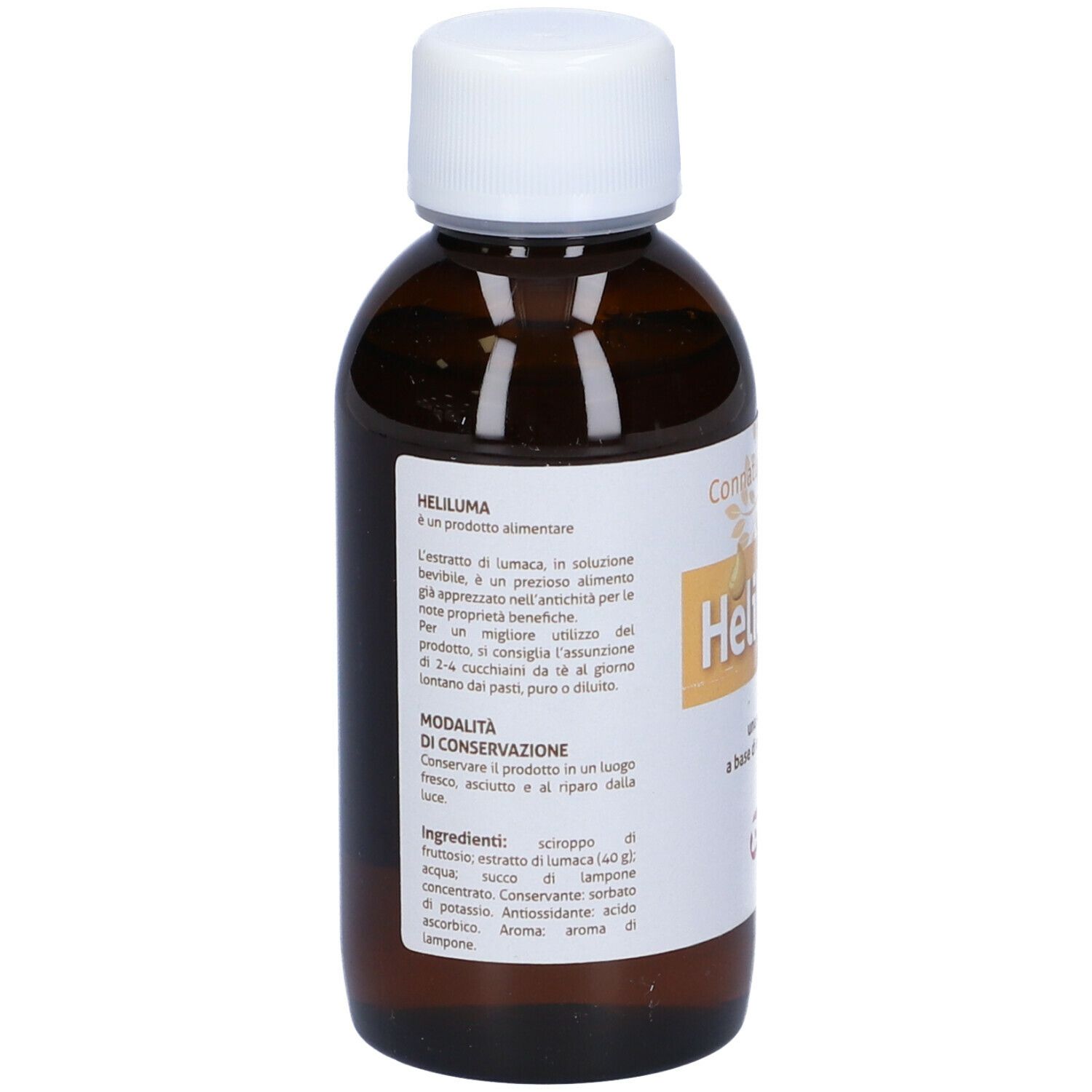 Rückseite der Heliluma Trinklösung Flasche. Etikett mit Produktinformationen und Inhaltsstoffen.