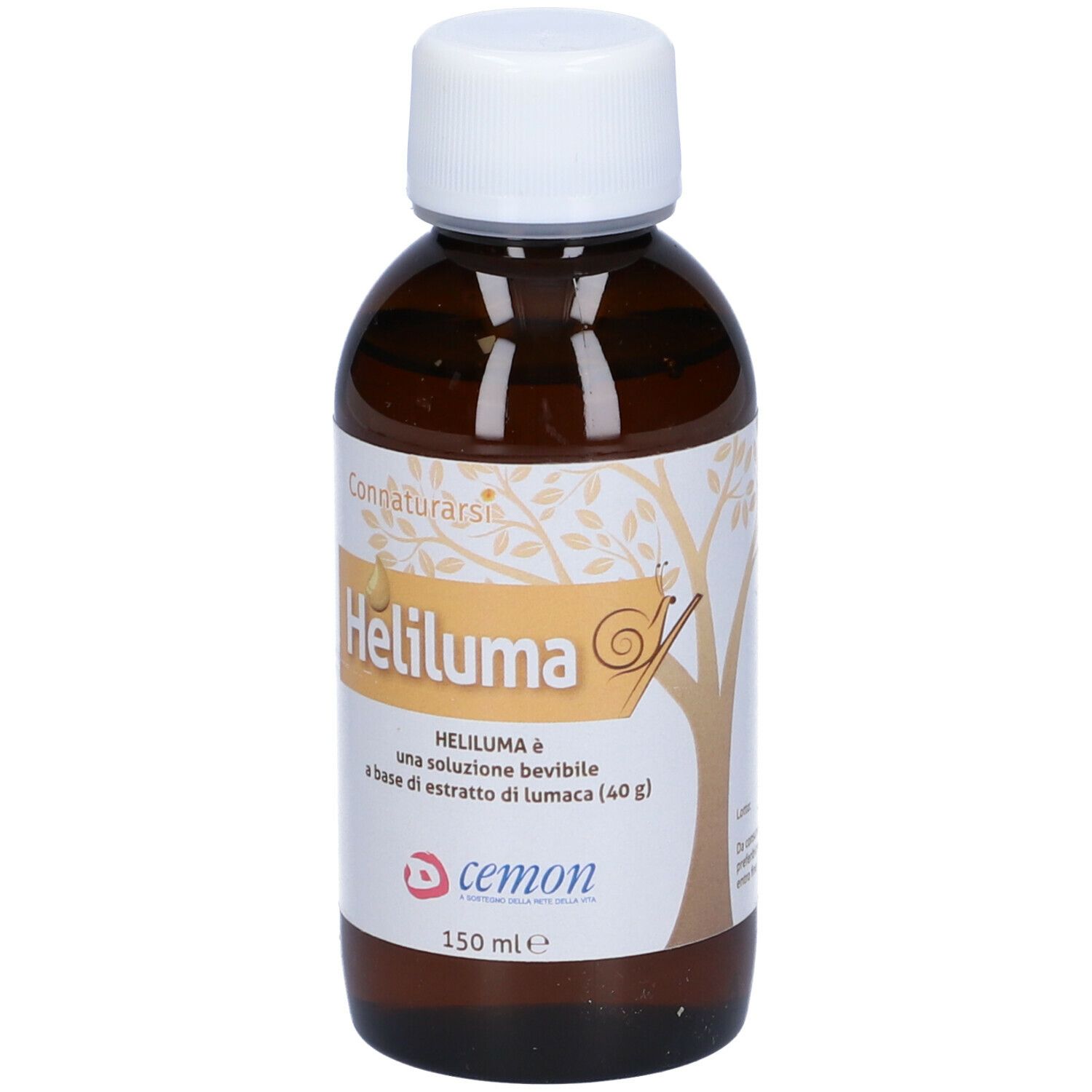 Heliluma Trinklösung in brauner Glasflasche mit weißem Deckel. Produktname und Logo auf dem Etikett.