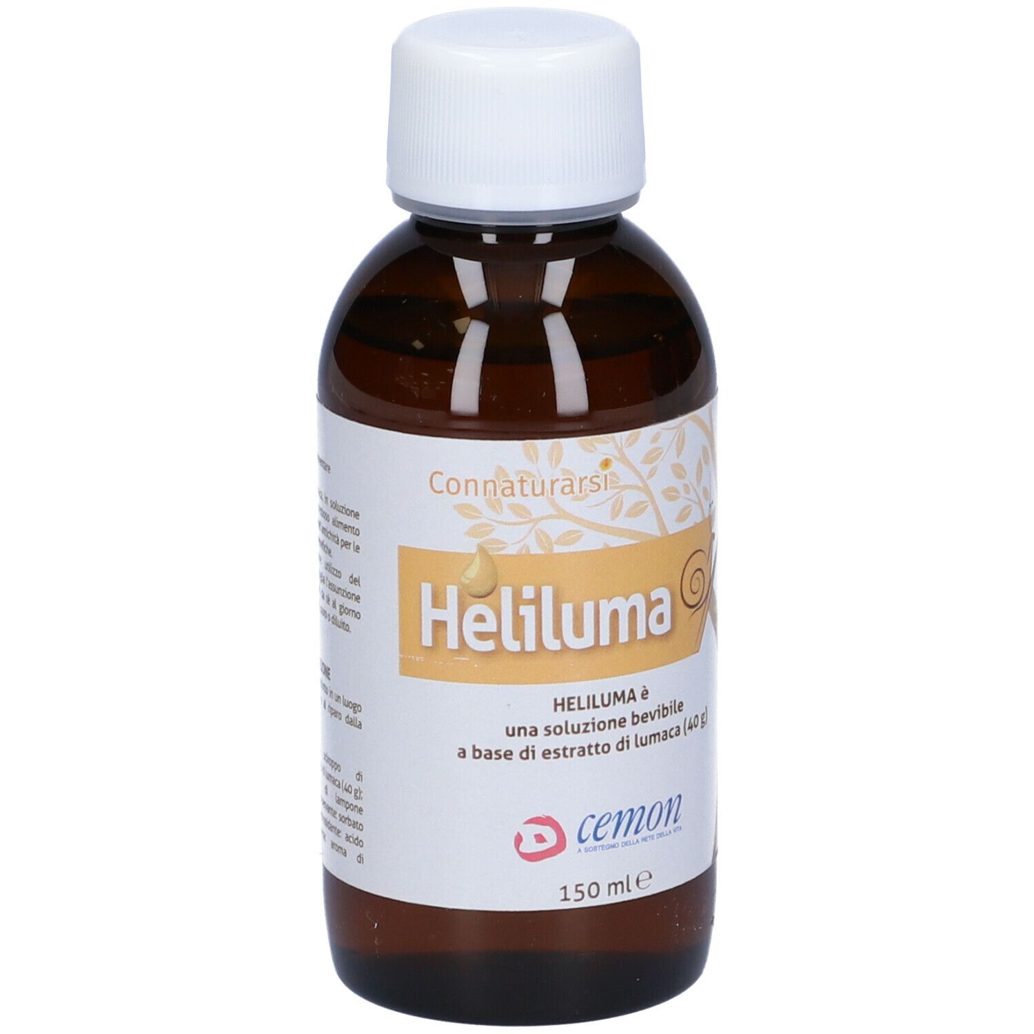 Heliluma Trinklösung in brauner Glasflasche mit weißem Deckel. Produktname und Logo auf dem Etikett.