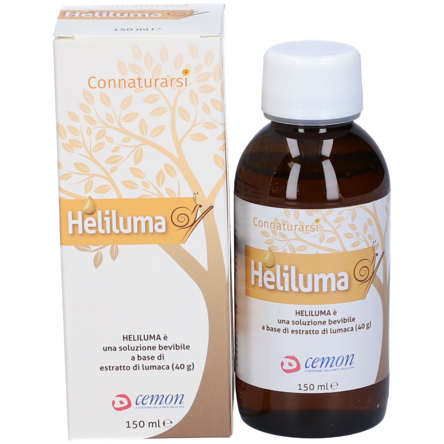 Heliluma Trinklösung Flasche und Verpackung. Braune Flasche, weiße Verpackung mit Produktnamen und Logo.