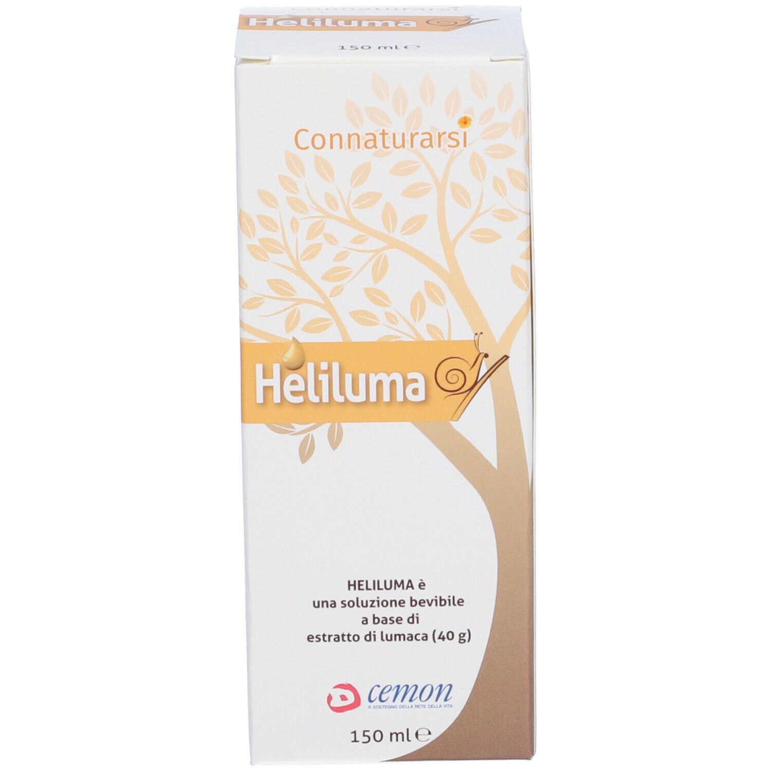 Heliluma Trinklösung Verpackung. Weiße Verpackung mit Produktnamen, Logo und Produktinformationen.