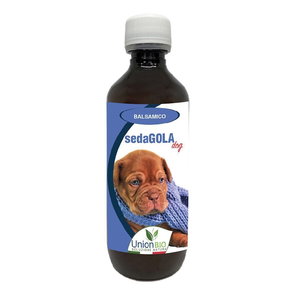 Braune Flasche mit weißem Deckel. Etikett mit Produktname, Hundefoto und Logo.