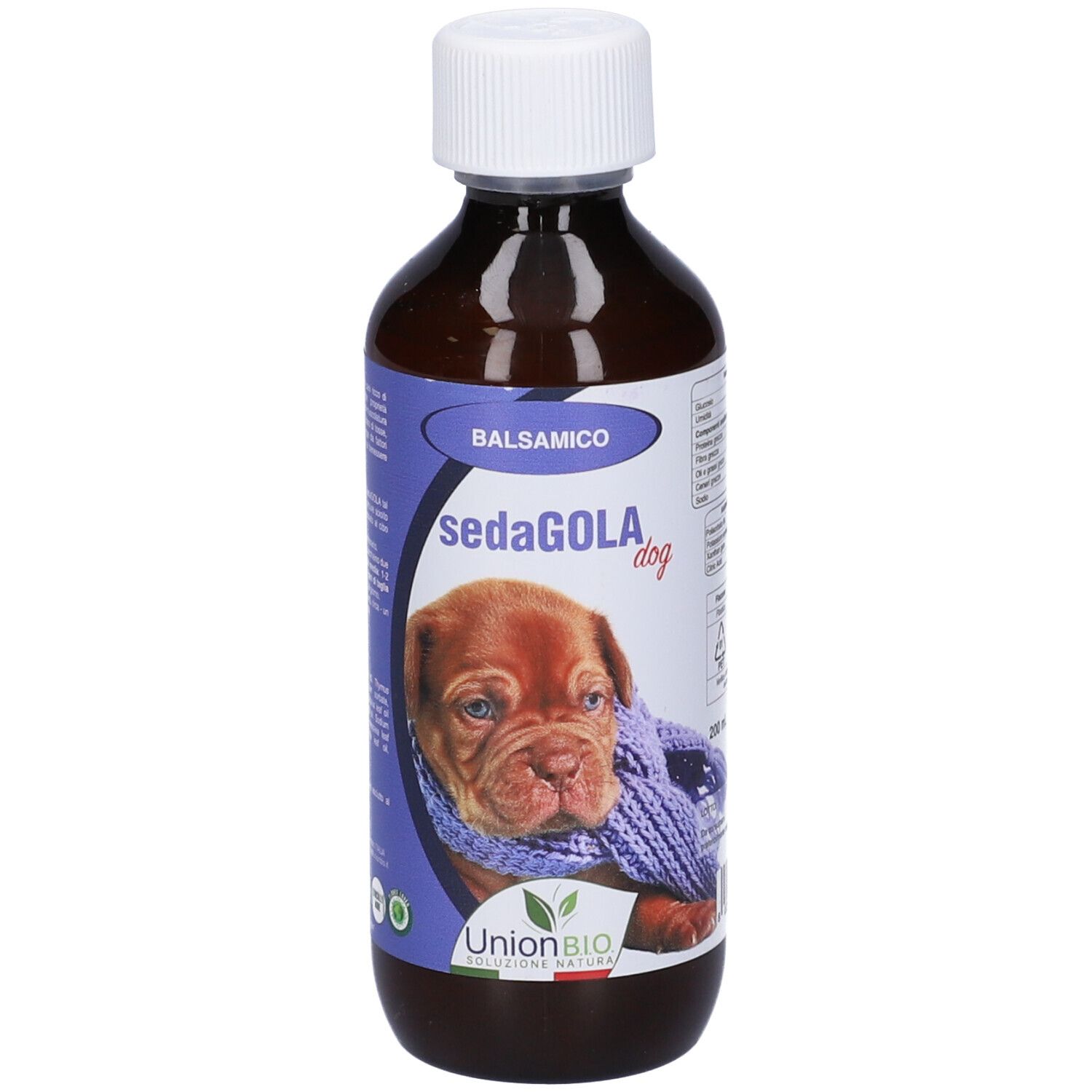 Braune Flasche mit weißem Deckel. Etikett mit Produktname, Hundefoto und Logo.
