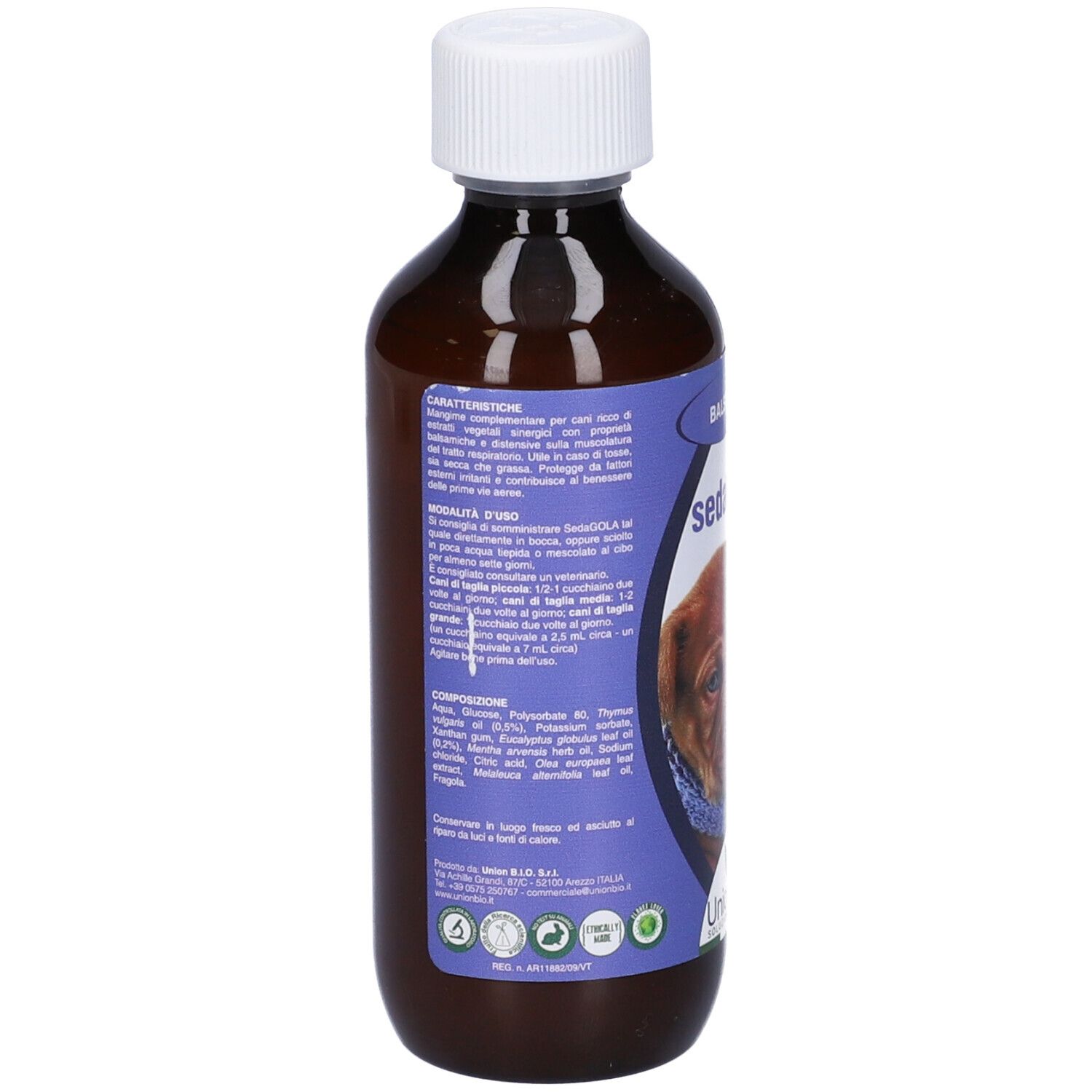 Braune Flasche mit weißem Deckel. Rückseite mit Text und Logos.