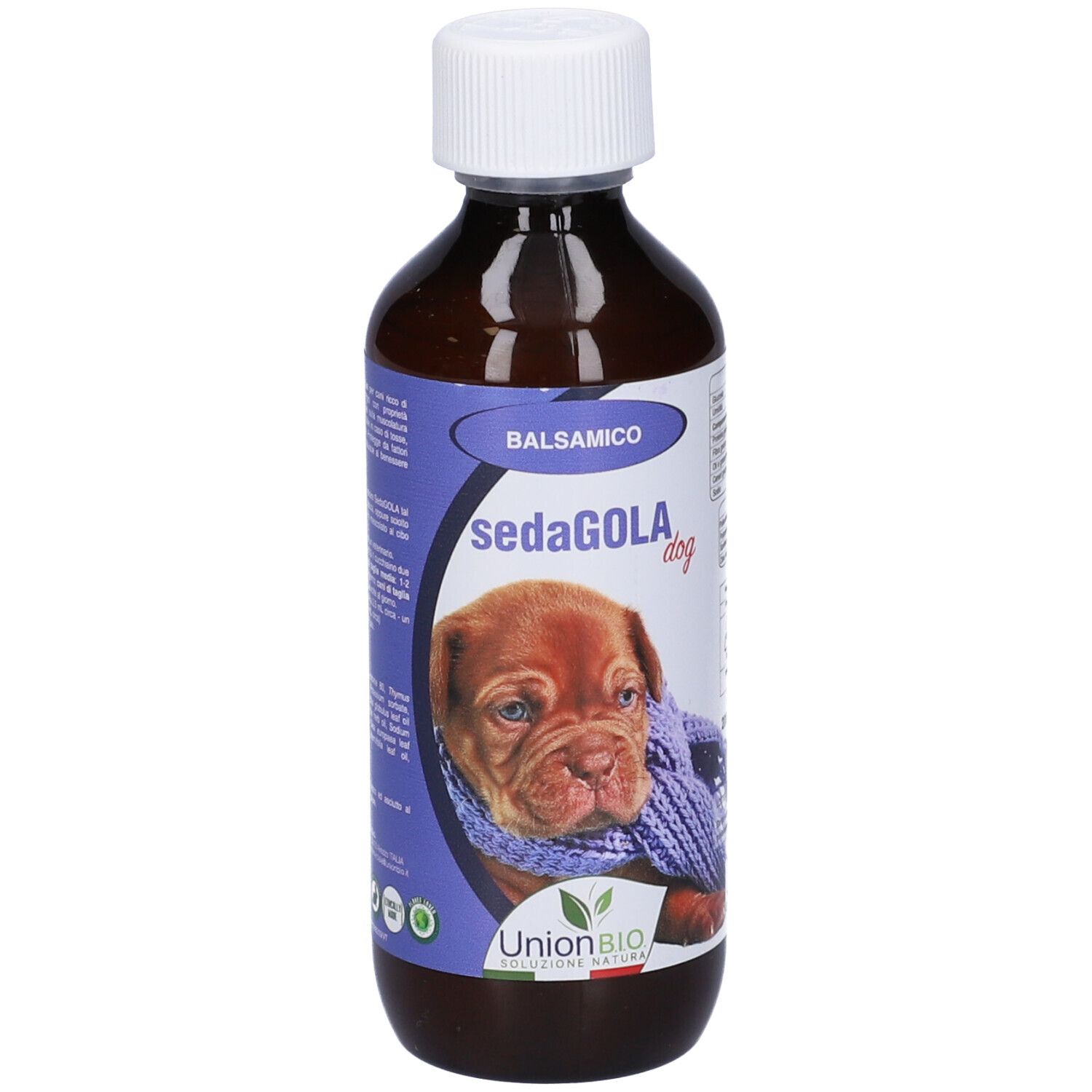 Braune Flasche mit weißem Deckel. Etikett mit Produktname, Hundefoto und Logo.