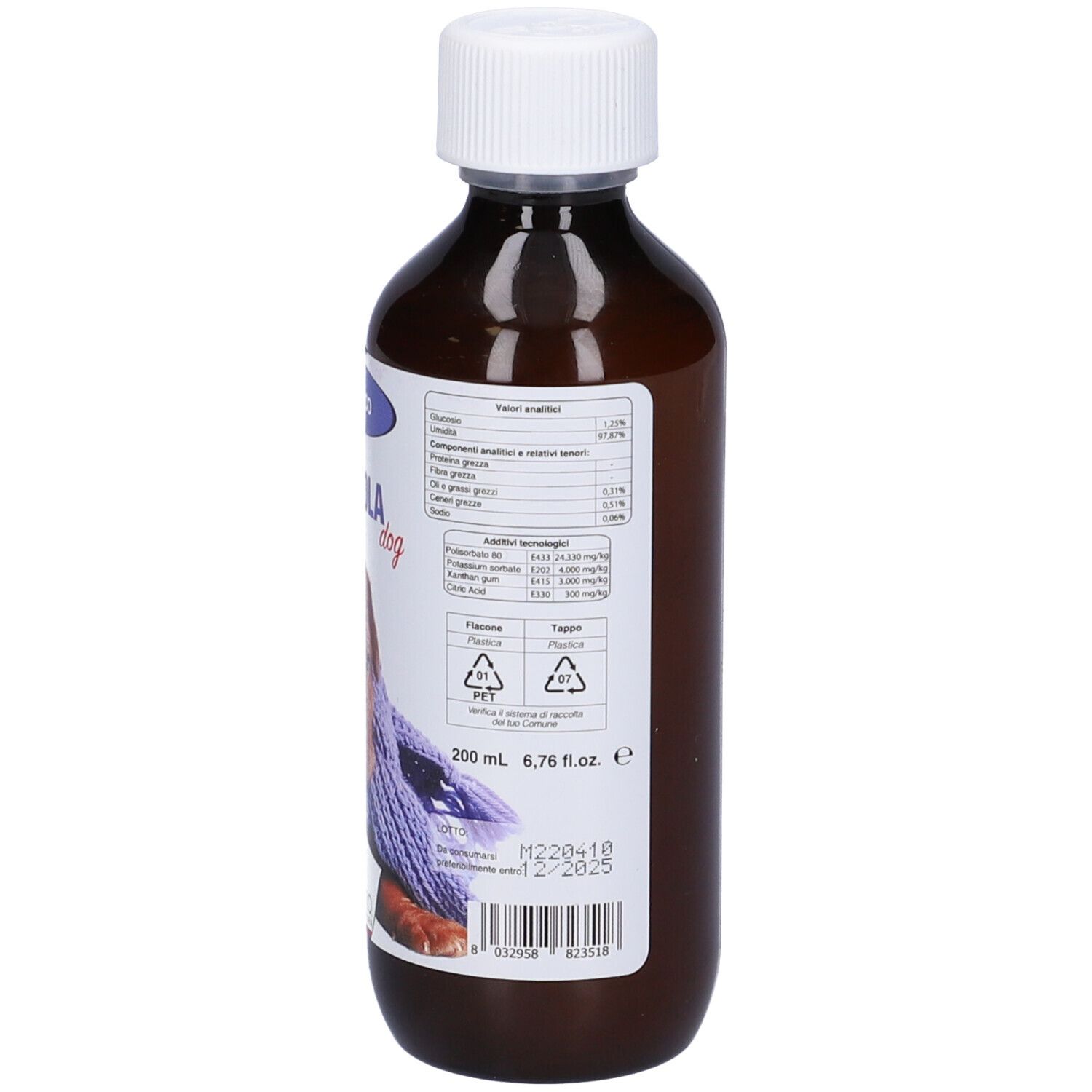 Braune Flasche mit weißem Deckel. Etikett mit Produktinformationen und Logo.