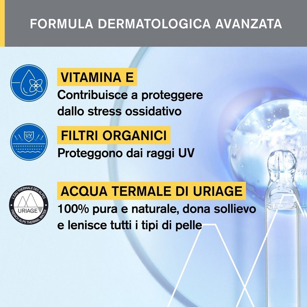 Grafik mit Inhaltsstoffen: Vitamin E, organische Filter, Uriage Thermalwasser.