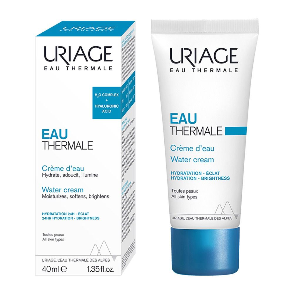 Produkt-Tube und Verpackung. Text: URIAGE EAU THERMALE, Water cream. 40ml, 1.35 fl.oz.