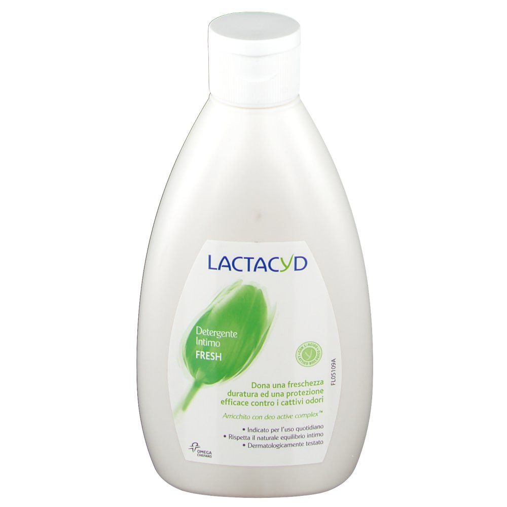 Flacon blanc avec étiquette verte. Inscription: Lactacyd Fresh. Produit pour l'hygiène intime.