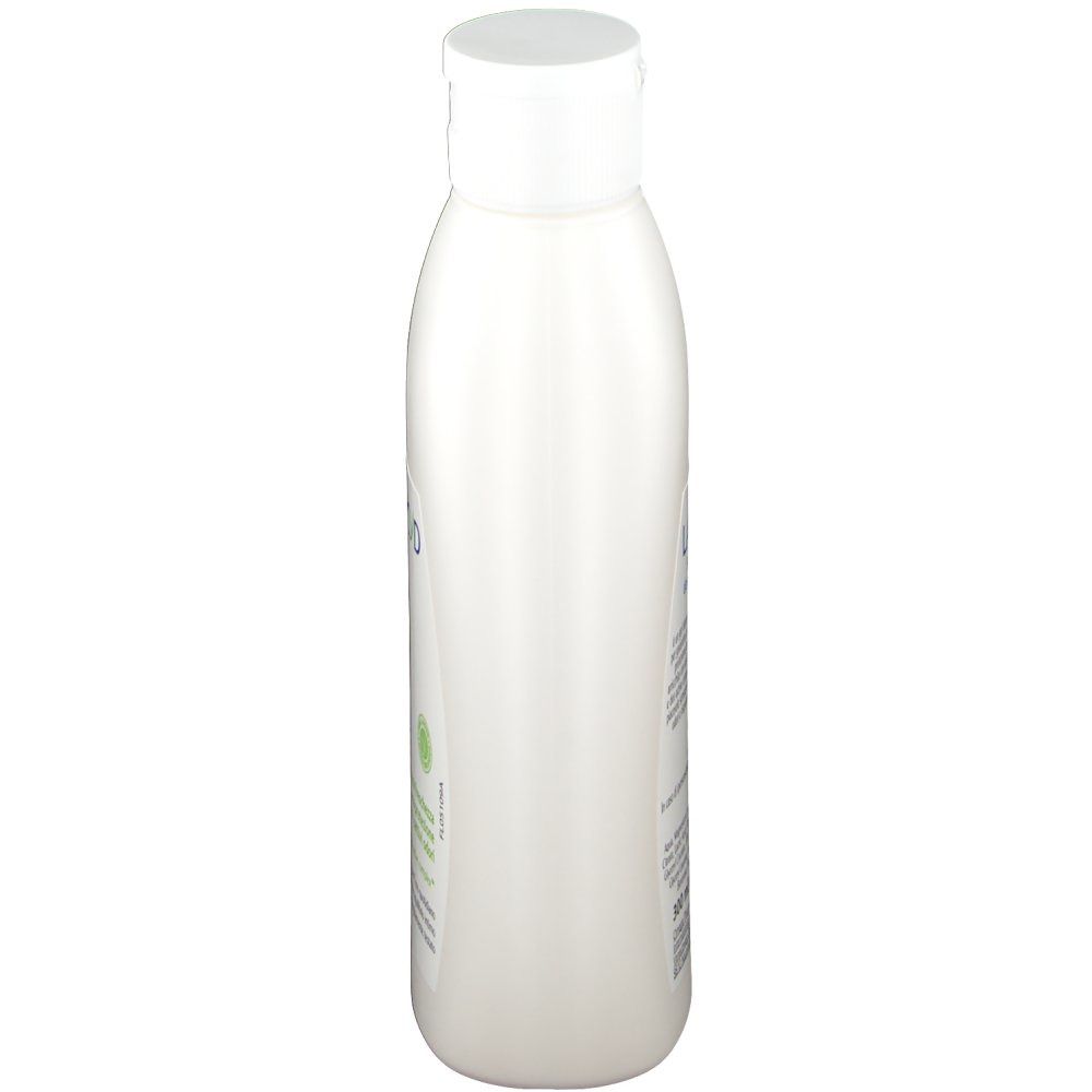 Flacon blanc, vue latérale. Produit pour l'hygiène intime. Avec bouchon blanc.