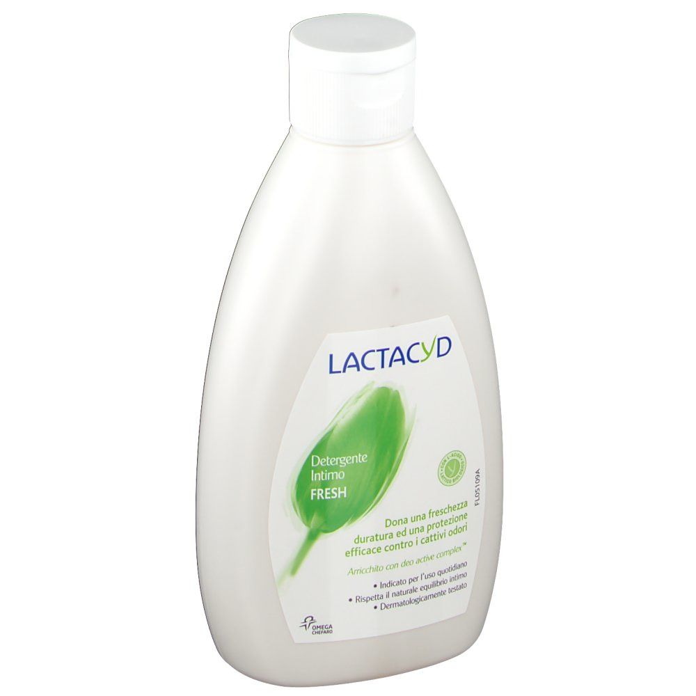 Flacon blanc avec étiquette verte. Inscription: Lactacyd Fresh. Produit pour l'hygiène intime.