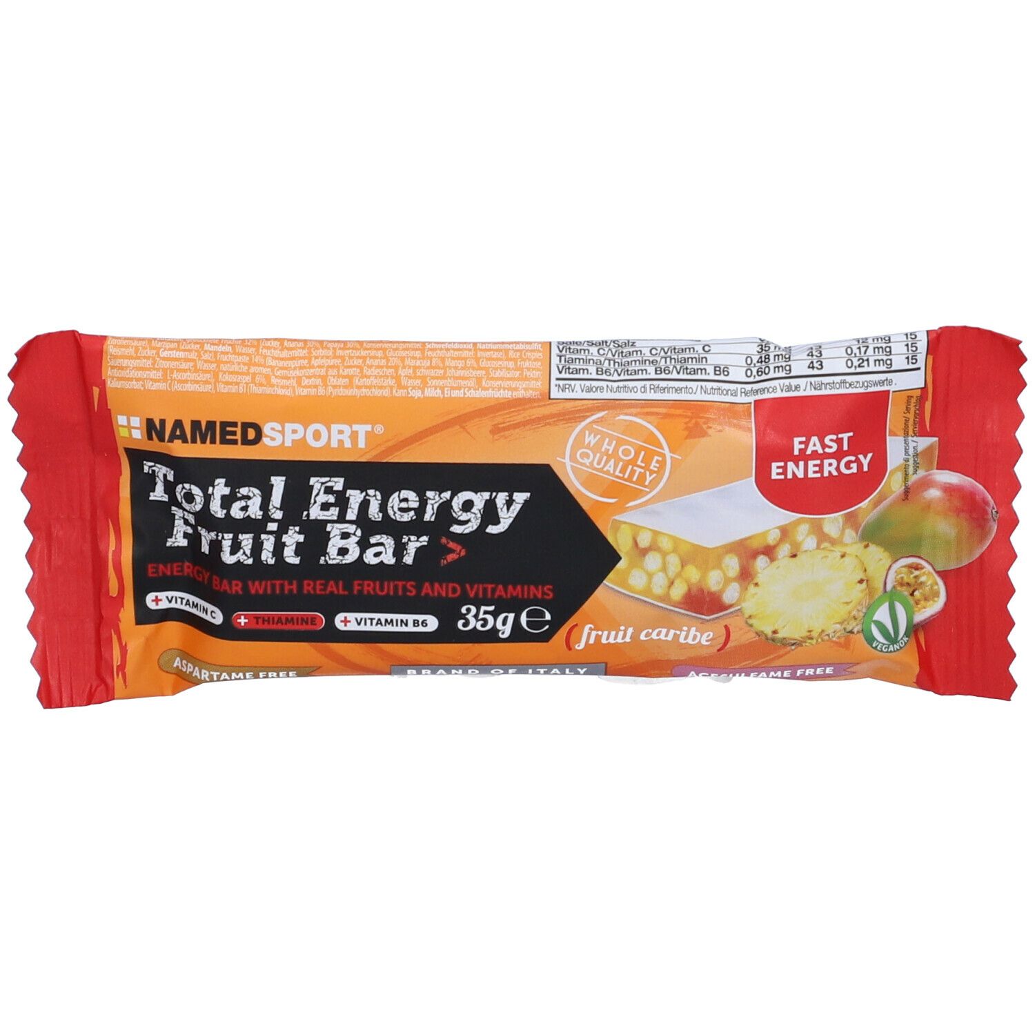 Energieriegel mit Aufschrift Total Energy Fruit Bar. Orangefarbene Verpackung mit Fruchtstückchen und Mango-Abbildung.