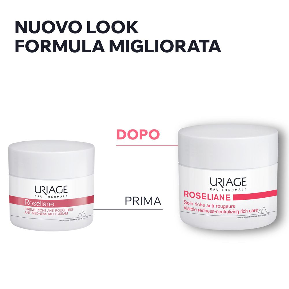 Comparaison avant-après. Deux pots. Texte : PRIMA. Texte : DOPO. Inscription URIAGE, ROSÉLIANE.