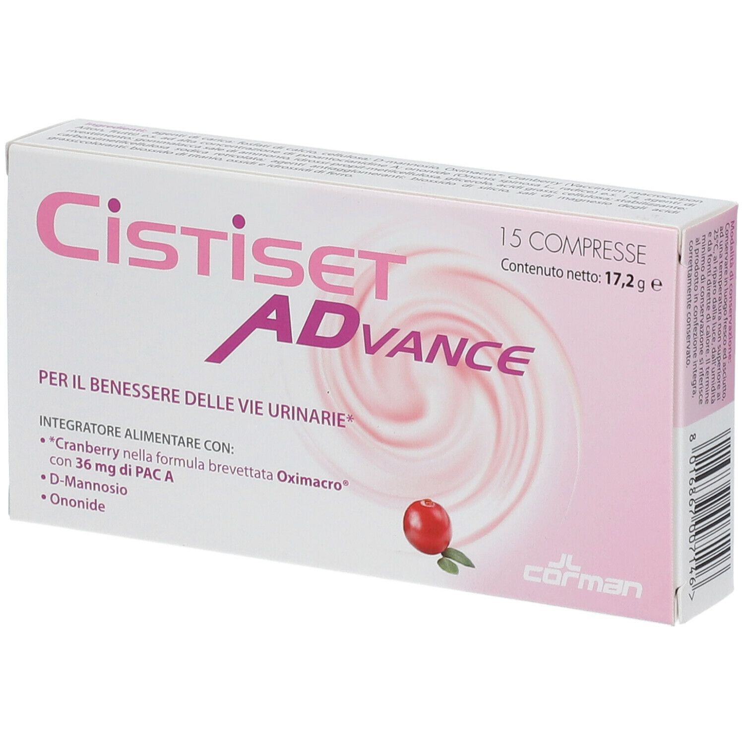 Cistiset Advance-Verpackung, schräg. 15 Tabletten. Rosa-weißes Design mit Cranberry-Abbildung. Enthält D-Mannose, Ononide.