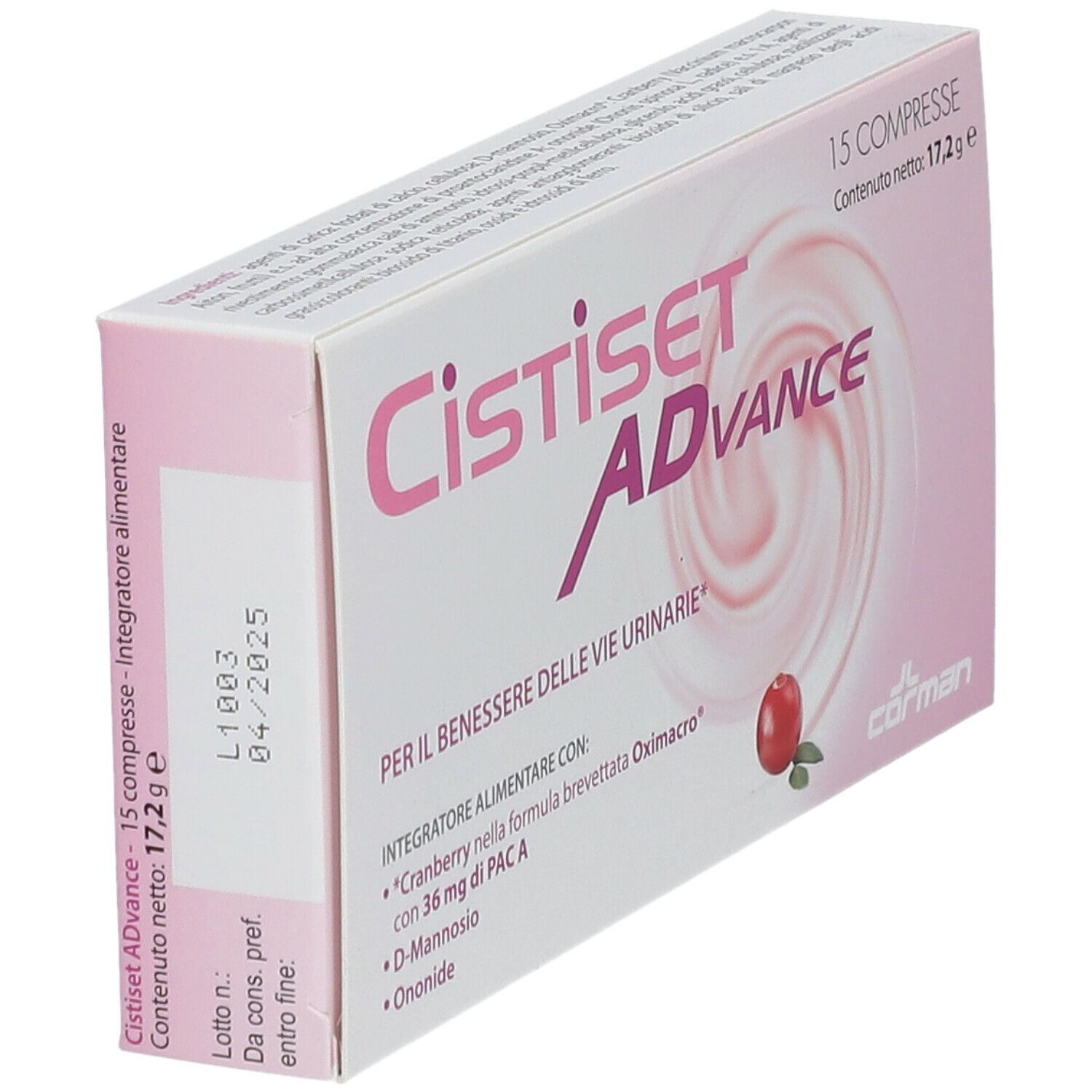 Cistiset Advance-Verpackung, schräg. 15 Tabletten. Rosa-weißes Design. Haltbarkeitsdatum 04/2025. Enthält D-Mannose, Ononide.
