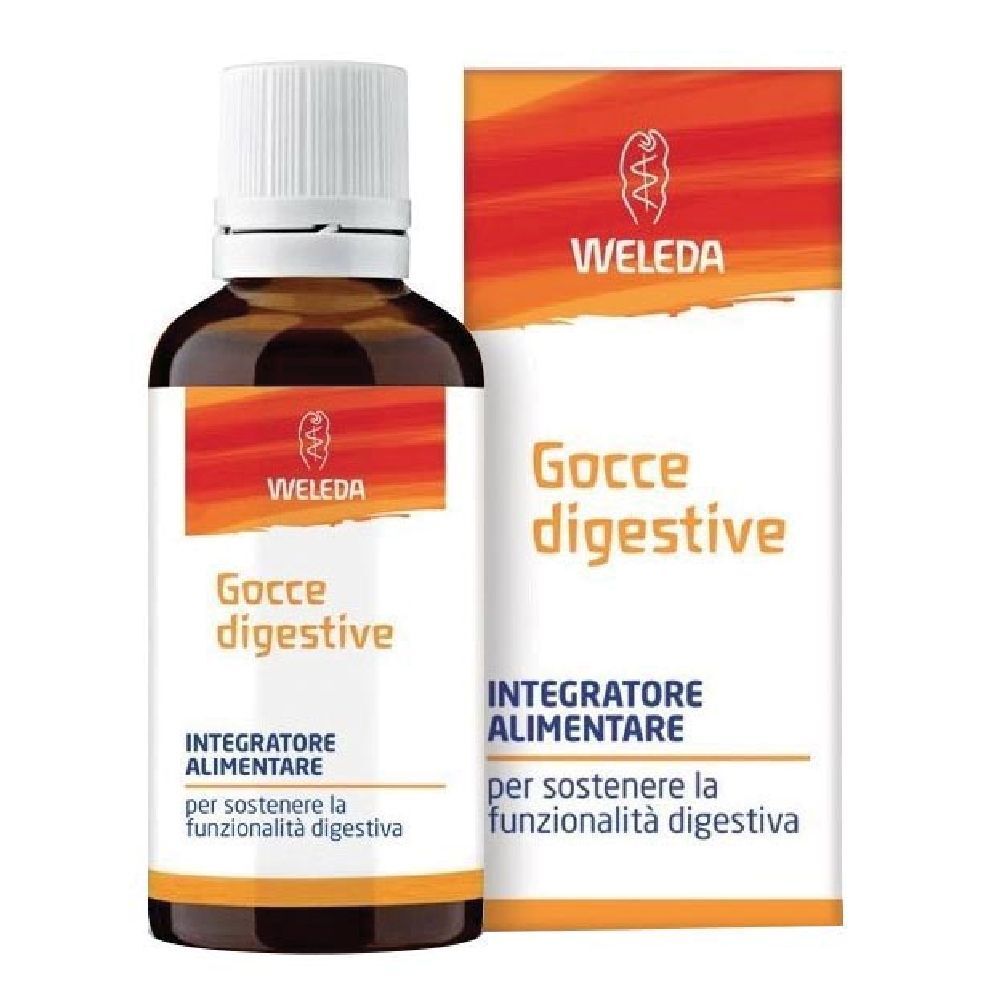 Braune Glasflasche mit weißem Verschluss und orangefarbenem Etikett. Aufschrift: Gocce digestive, Weleda.