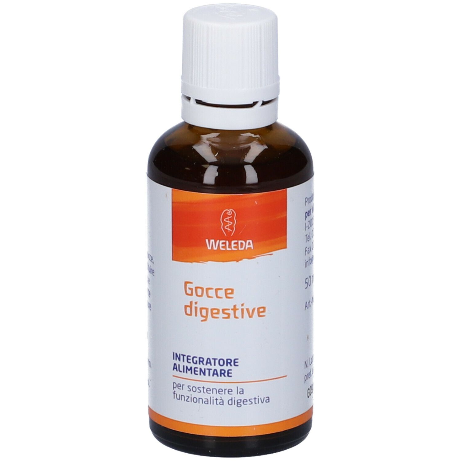 Braune Glasflasche mit weißem Verschluss. Aufschrift: Gocce digestive, Weleda. Orangefarbenes Etikett.