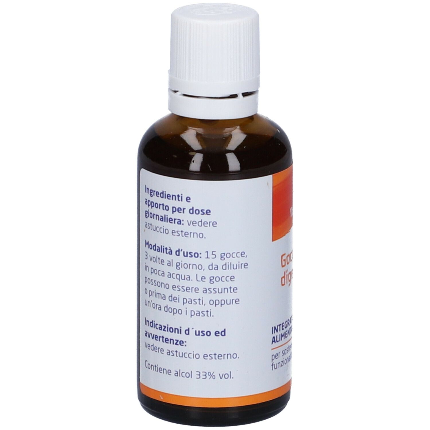 Braune Glasflasche mit weißem Verschluss. Rückseite mit Text. Aufschrift: Gocce digestive, Weleda.
