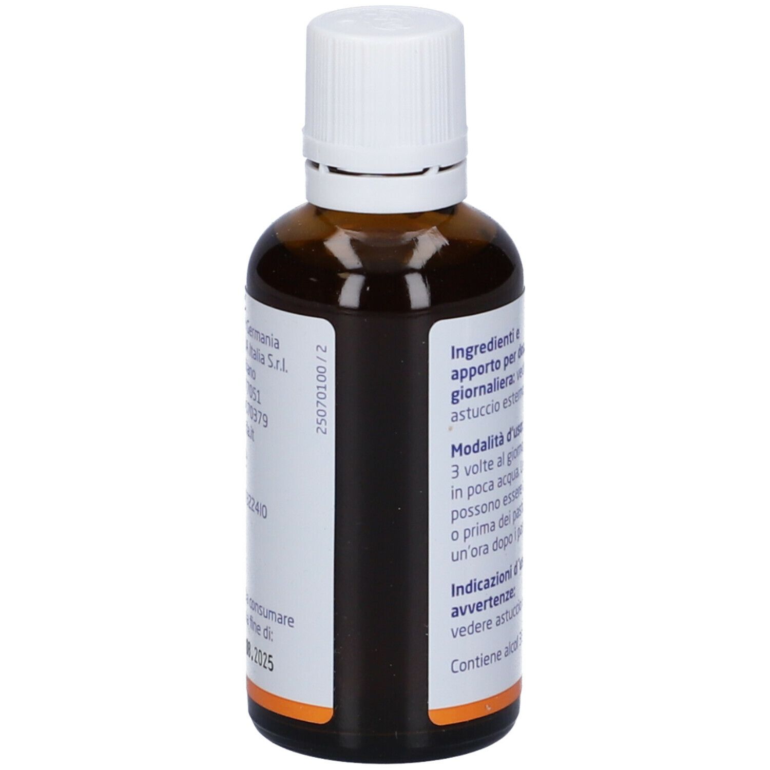 Braune Glasflasche mit weißem Verschluss. Rückseite mit Text. Aufschrift: Gocce digestive, Weleda.