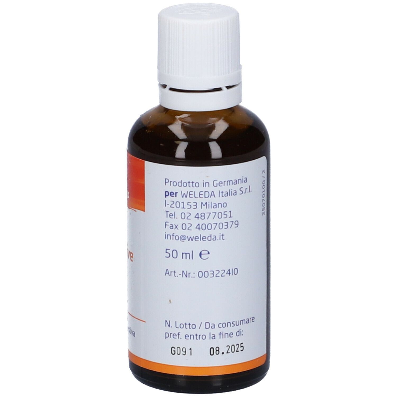 Braune Glasflasche mit weißem Verschluss. Aufschrift: Gocce digestive, Weleda. Etikett mit Text.