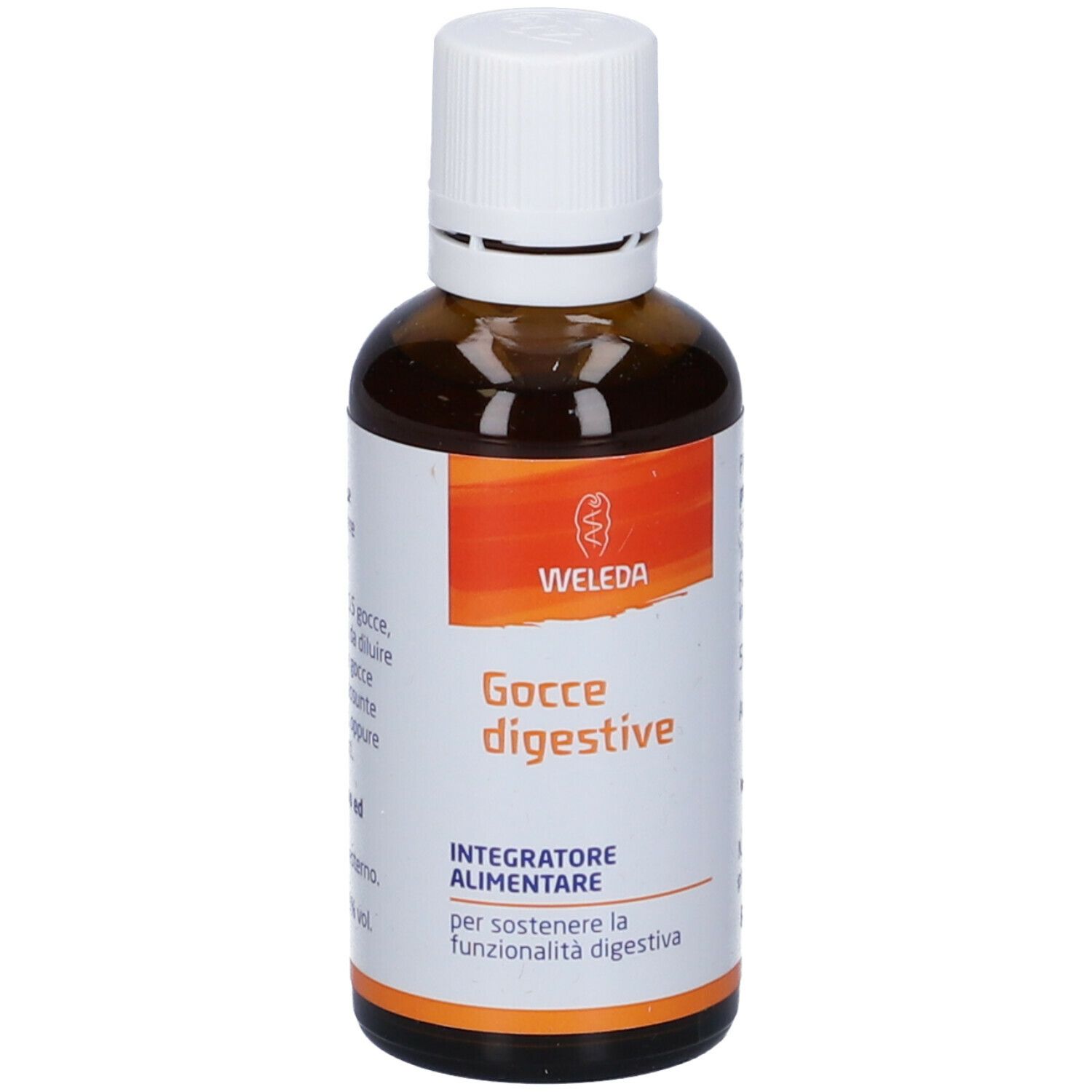 Braune Glasflasche mit weißem Verschluss. Aufschrift: Gocce digestive, Weleda. Etikett mit Text.