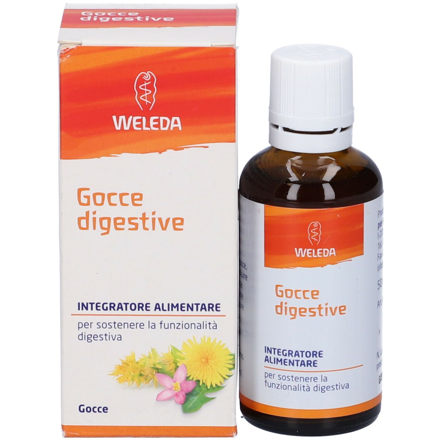 Braune Glasflasche mit weißem Verschluss und Karton. Aufschrift: Gocce digestive, Weleda. Verpackung.