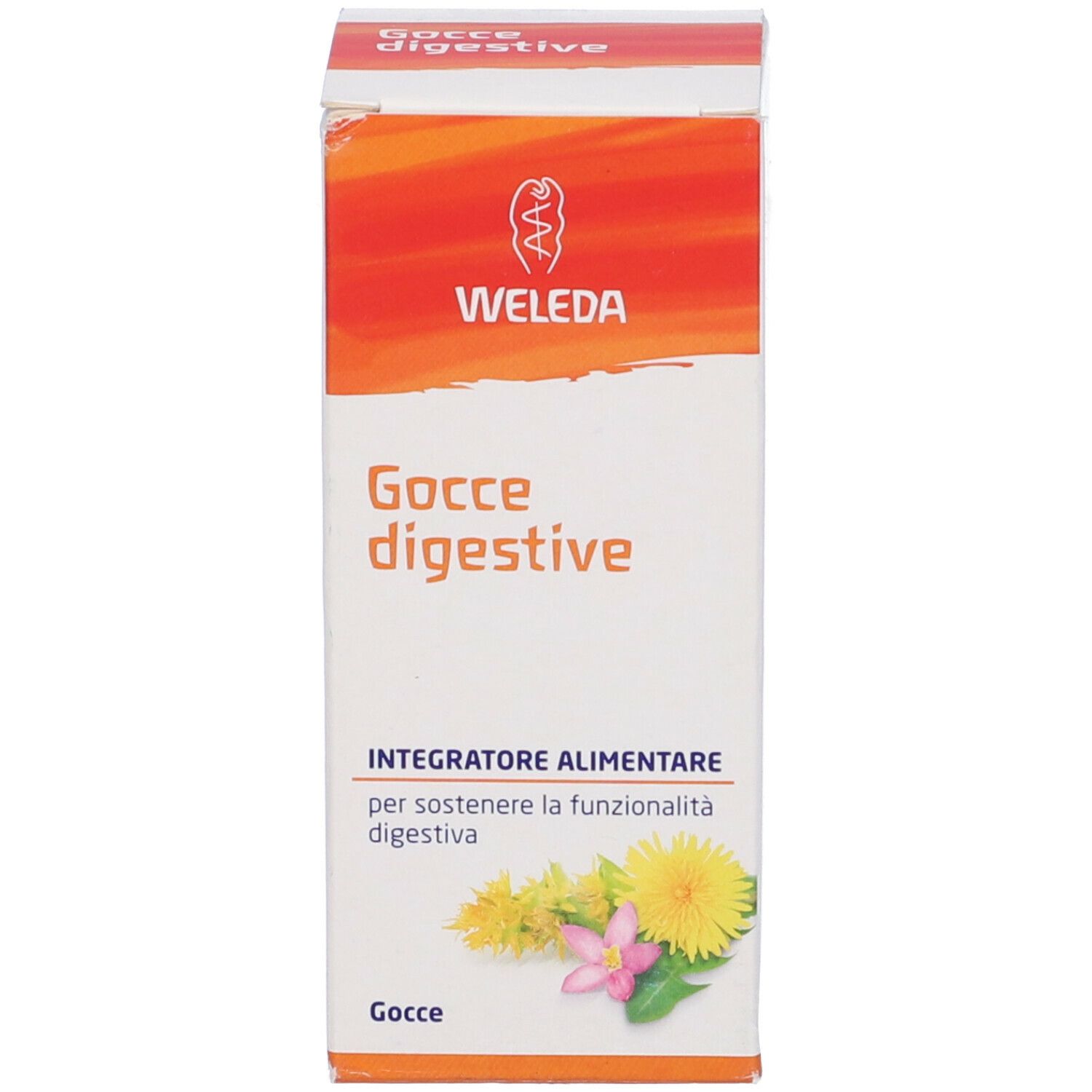 Karton mit Aufschrift: Gocce digestive, Weleda. Abbildung von Blüten. Verpackung.