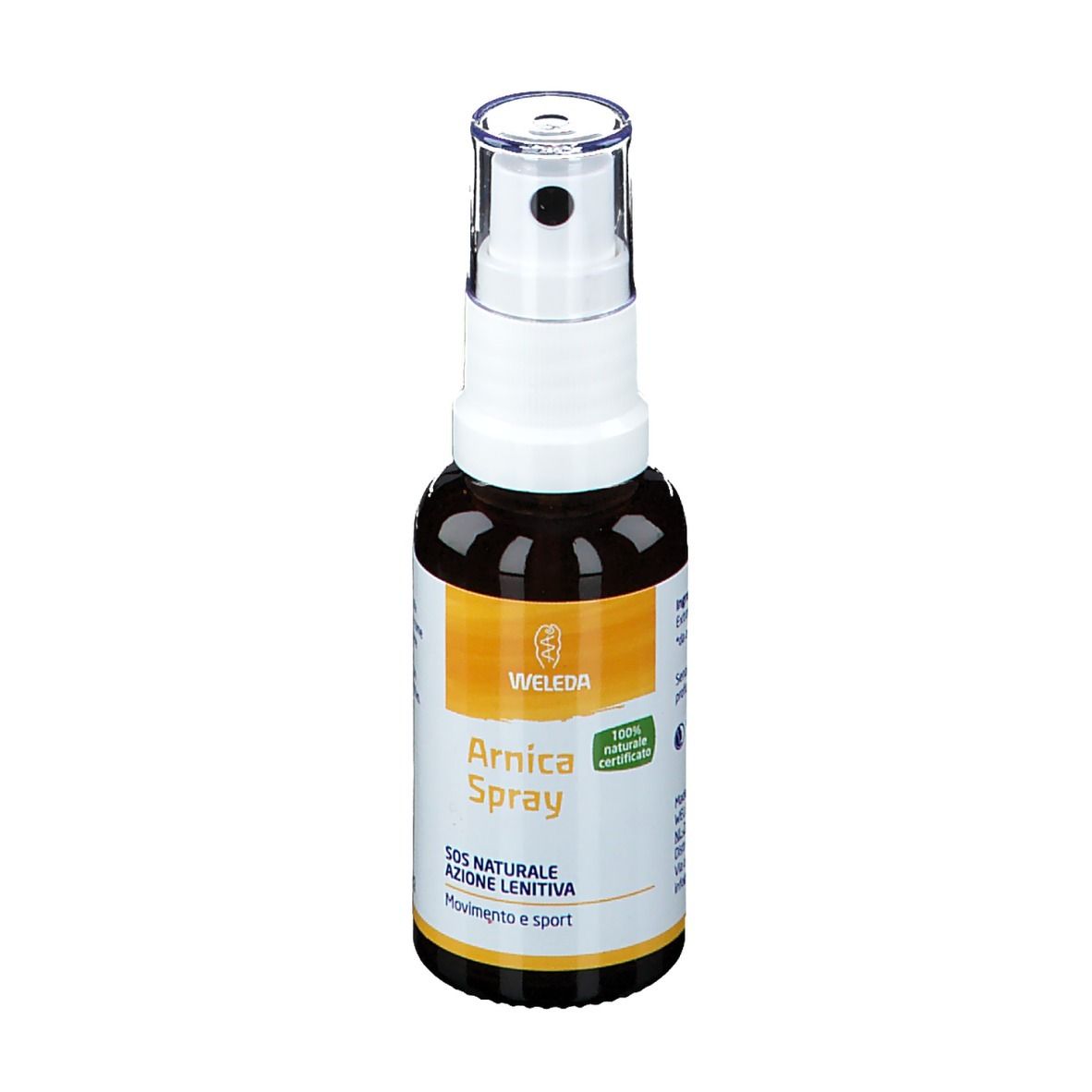 Braune Glasflasche mit weißem Sprühkopf. Aufschrift: Arnica Spray, 100% naturale certificato.