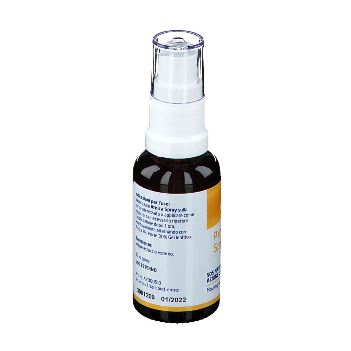 Rückseite der braunen Glasflasche. Aufschrift: Anwendungshinweise, 30 ml, USO ESTERNO, 01/2022.