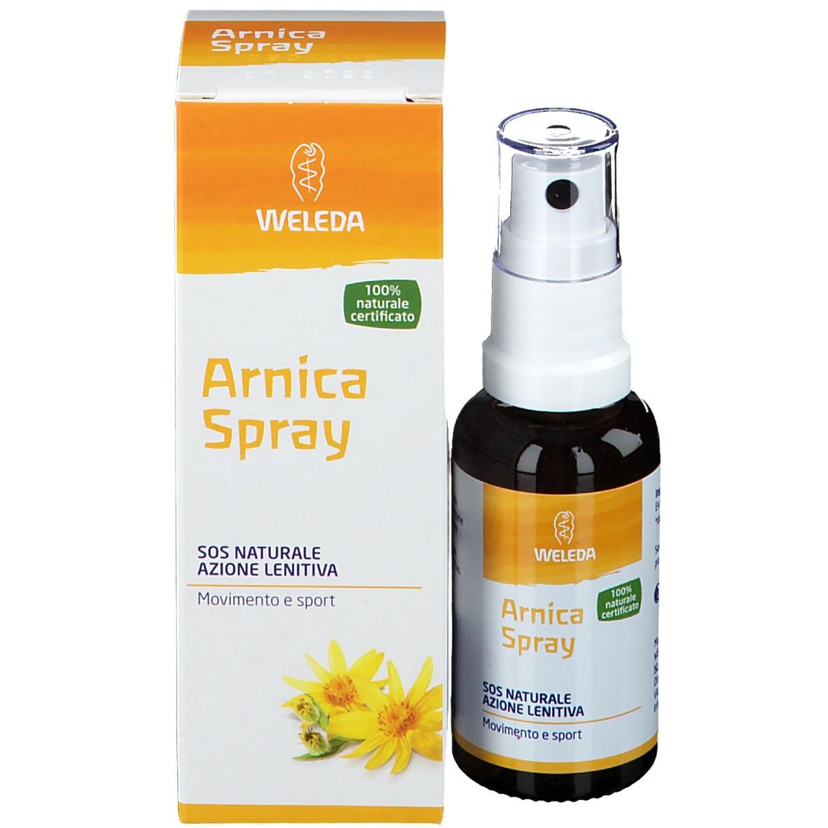 Arnica Spray Flasche und Verpackung. Aufschrift: WELEDA, Arnica Spray, 100% naturale certificato.