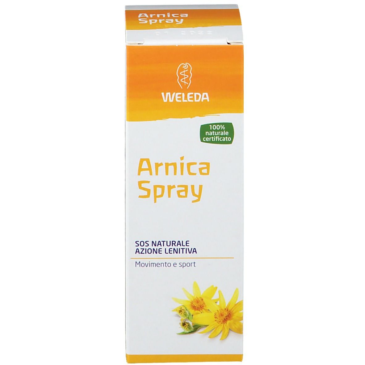 Arnica Spray Verpackung. Aufschrift: WELEDA, Arnica Spray, 100% naturale certificato.