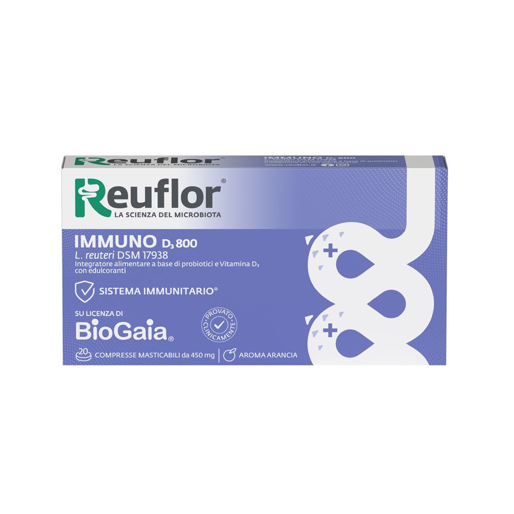 Verpackung von Reuflor Immuno D, 800. Blaue Schachtel mit Produktnamen und Logo. Enthält 20 Kautabletten.