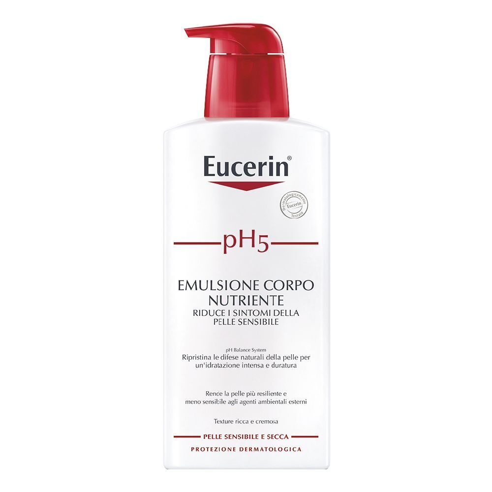 Weiße Flasche mit rotem Pumpkopf. Aufschrift: Eucerin pH5, Emulsion für den Körper. Text in italienischer Sprache.