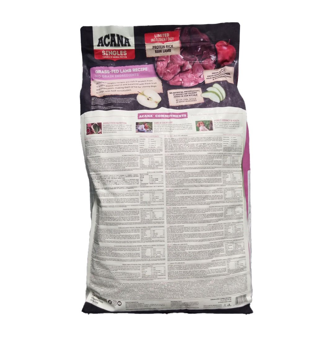 Dos du sac ACANA Singles Grass-Fed Lamb. Texte et illustrations. Ingrédients, informations nutritionnelles, informations fabricant.